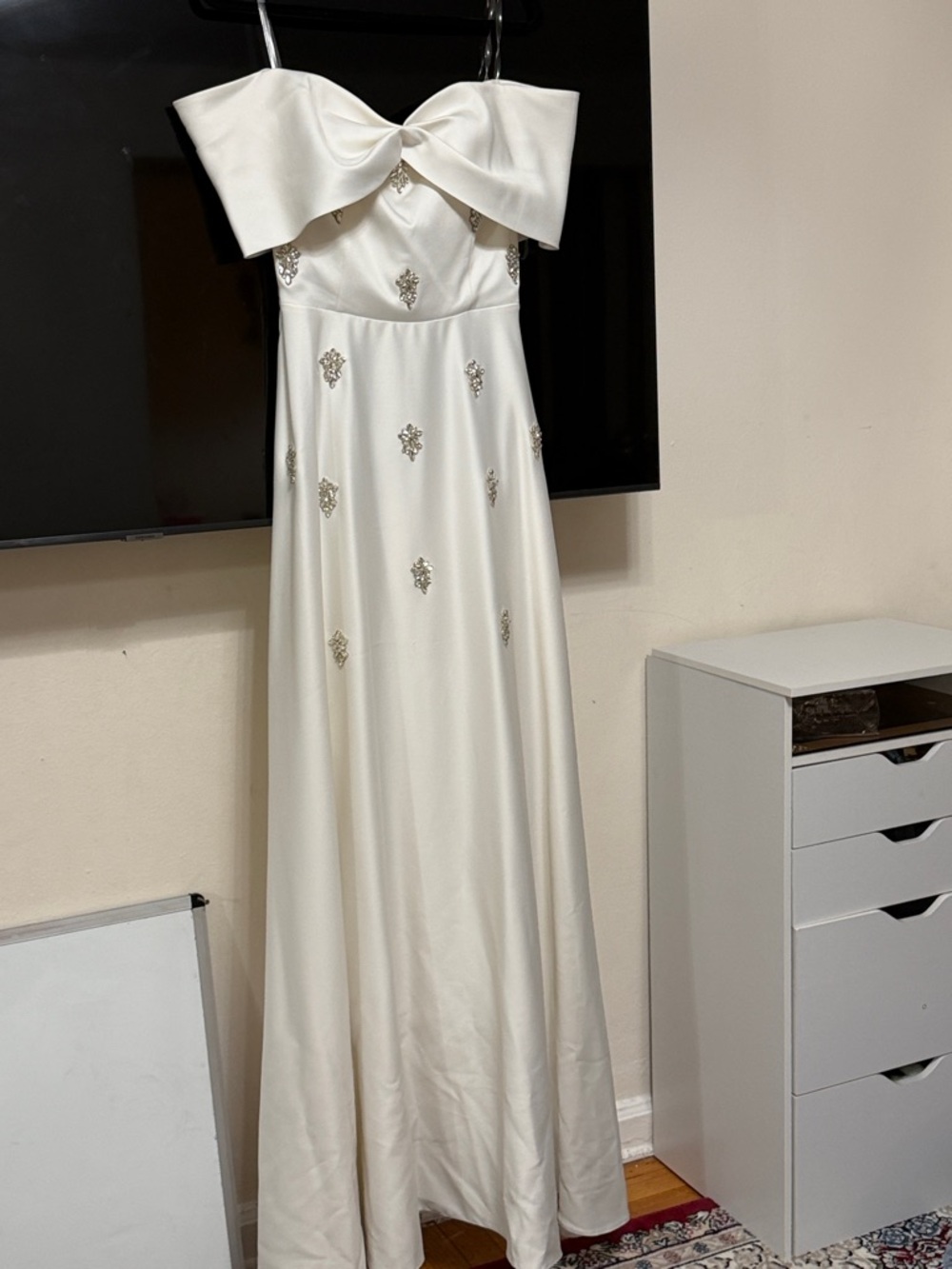 Ivory Strapless Bow Detail Evening Gown with Crystal Accents
